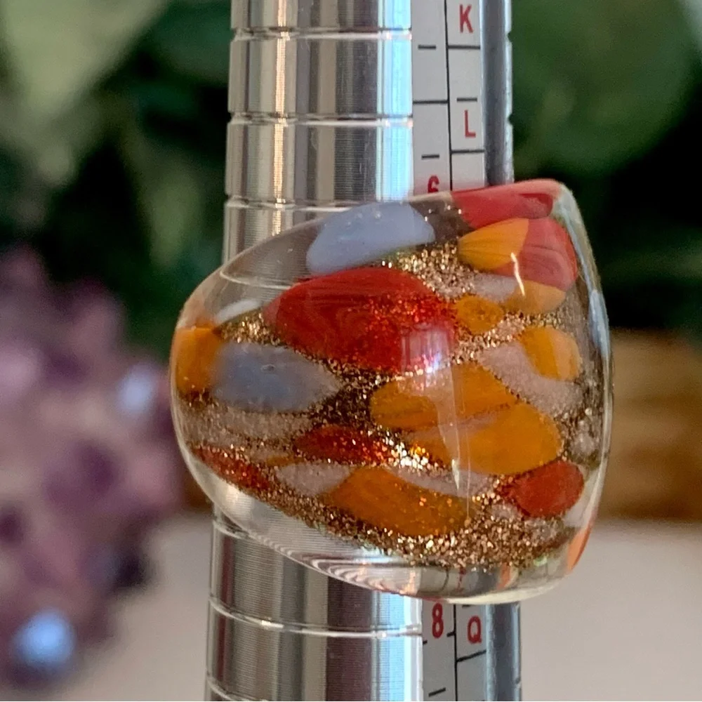 Vintage Murano Style Art Glass Hand Blown Lampwork Confetti Dome Ring Size 7